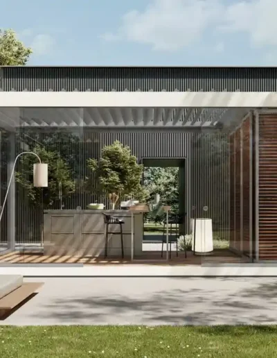 Pérgola para jardín instalada en vivienda de Formentera con sistema de sombra exterior.